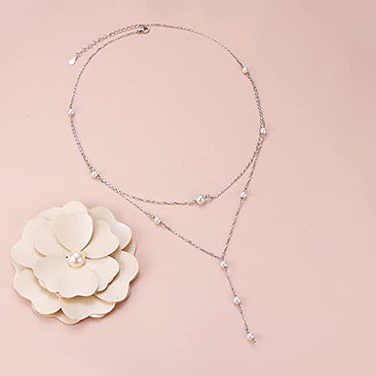 925 Sterling Silver Multilayer Layered Triple Long Chain Necklace for Women - style: Pearl 2 Layered
