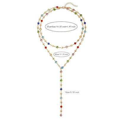 KURTCB Rhinestone Necklace for Women Boho Long Y Lariat Gold Necklace Stack Colorful Summer Beach Jewelry - color: Multicolor Layered