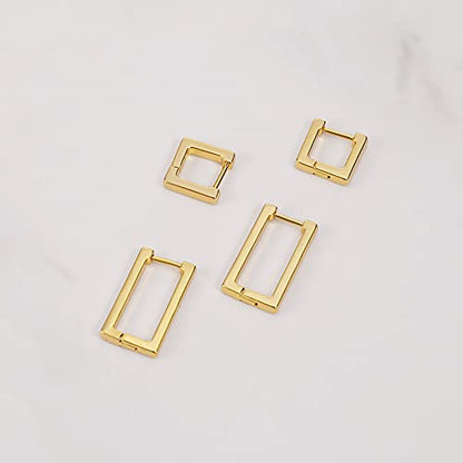 2 Pairs 14K Gold Plated Minimalist Hoop Earrings Small Dainty Geometric Square and Rectangle Huggies Hoops for Girls Women Gift, gold, silver and black - color: Gold
