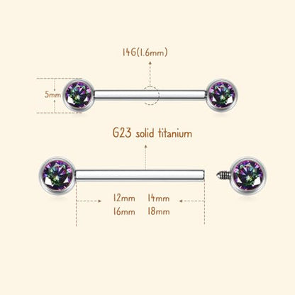 AROWRO Nipple Piercing Jewelry Nipple Rings Titanium Nipple Rings Implant Grade Hypoallergenic 14G Internally Threaded Straight Barbells with Cubic Zirconia Opal Gold Silver Rose Gold Black 12mm 14mm 16mm 18mm 20mm - color: Silver+Vitrail Medium CZ