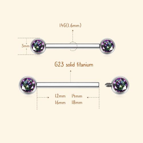 AROWRO Nipple Piercing Jewelry Nipple Rings Titanium Nipple Rings Implant Grade Hypoallergenic 14G Internally Threaded Straight Barbells with Cubic Zirconia Opal Gold Silver Rose Gold Black 12mm 14mm 16mm 18mm 20mm - color: Silver+Vitrail Medium CZ