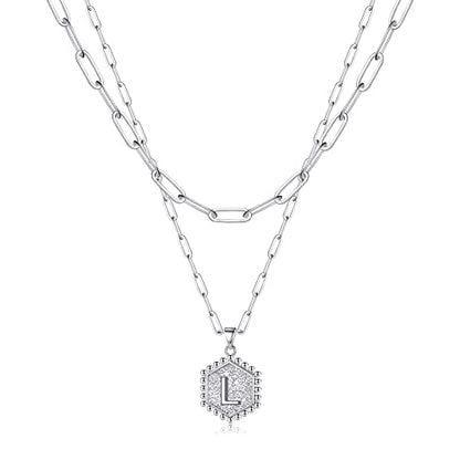 M MOOHAM Dainty Initial Necklaces for Women, 14K-Gold-Plated Layering Necklace for Women Cute Hexagon Letter Initial Necklace Layered Necklaces for Womens Teen Girl Gifts - color: Silver Plated, style: L