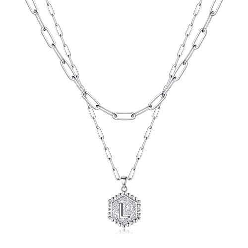 M MOOHAM Dainty Initial Necklaces for Women, 14K-Gold-Plated Layering Necklace for Women Cute Hexagon Letter Initial Necklace Layered Necklaces for Womens Teen Girl Gifts - color: Silver Plated, style: L