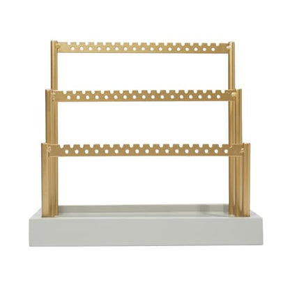 SANY DAYO HOME 3-Tier Earring Holder Organizer Stand, 105 Holes Gold Metal Earring Rack Jewelry Display Tree with Gray Wood Tray for Women and Girls - color: Gold Rack Gray Base