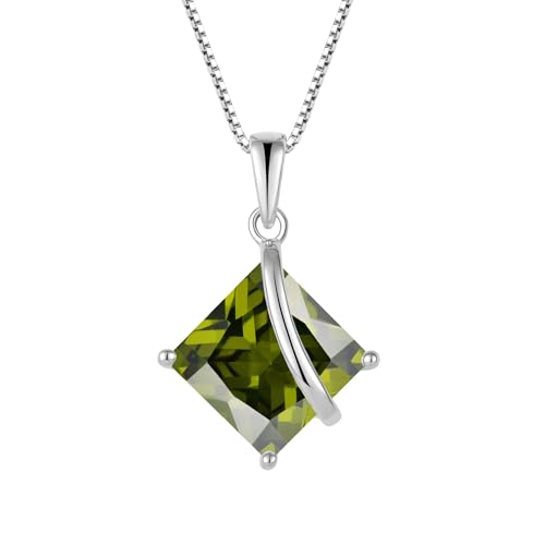 Square Princess Cut Necklace 925 Sterling Silver Solitaire Pendant Necklace Birthstone Jewelry Gifts for Women - color: 08 August - Peridot