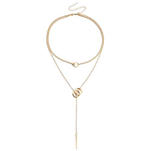 PLOUTOS Double Circle Layered Choker Lariat Necklace for Women Tassel Long Bar Pendant Adjustable Chain Y Shaped Collarbone Style Two Colors Silver Gold Alloy - color: Gold