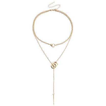 PLOUTOS Double Circle Layered Choker Lariat Necklace for Women Tassel Long Bar Pendant Adjustable Chain Y Shaped Collarbone Style Two Colors Silver Gold Alloy - color: Gold