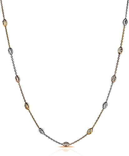 Savlano 18K Gold Plated Over 925 Sterling Silver Station Oval Moon Bead Necklace Chain For Women. Silver, Gold, Rose Gold - Made in Italy Comes With a Gift Box - style: Tri Color