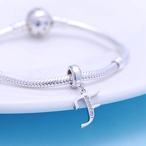 925 Sterling Silver Charms Alphabet Beads fit Pandora Charm Bracelets A-Z Letter Initial Spacer Dangle Clear CZ Stone Authentic for Snake Chain Bracelets - color: F