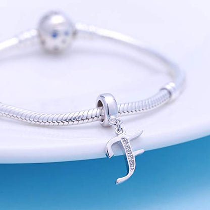 925 Sterling Silver Charms Alphabet Beads fit Pandora Charm Bracelets A-Z Letter Initial Spacer Dangle Clear CZ Stone Authentic for Snake Chain Bracelets - color: F