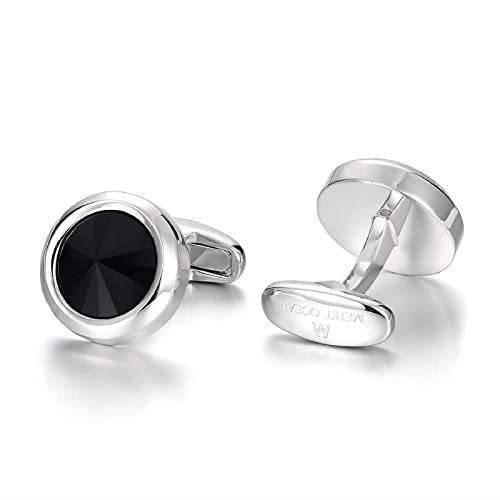 Mens Cufflinks Elegant Style Cuff Link Super Shiny Navy Blue Crystal Circular Cufflinks with Gift Box - color: Black