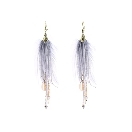 Bohemian Feather Dangle Earrings for Women with Shell Beads Long Tassel Design Drop Earrings - style: Style-Light Gray