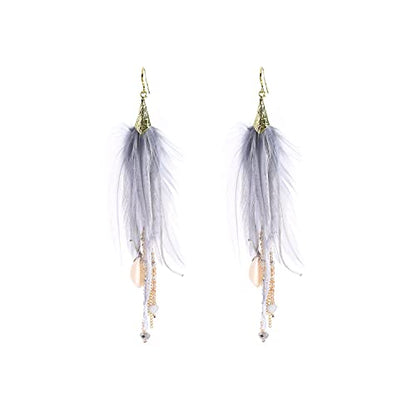 Bohemian Feather Dangle Earrings for Women with Shell Beads Long Tassel Design Drop Earrings - style: Style-Light Gray