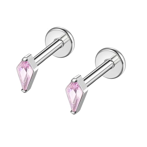 BelezaDosas G23 Hypoallergenic 18g Flat Back Studs Earrings F136 Implant Grade Titanium Tiny Press Fit Threadless Push in Cartilage Helix Labret Lip Conch Tragus Piercing Jewelry - style: Rhombus-pink