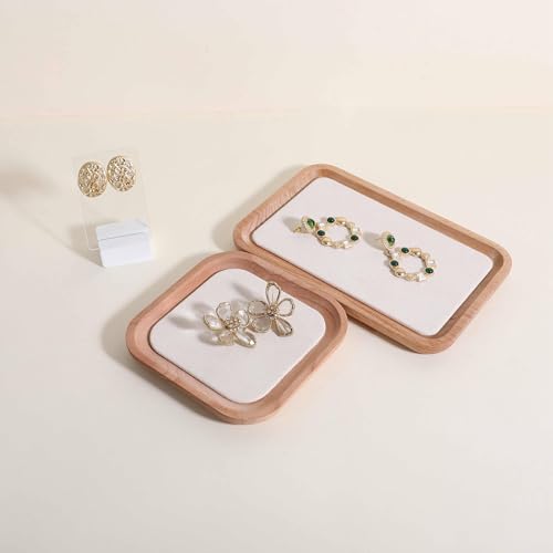 velvet Jewelry organizer tray, Beech wood Jewelry Display Plate, Beige Jewelry Viewing Tray, Jewelry showcase tray for Necklace Bracelet Ring Earring stand holder (Cream-Small, 5.1x 5.1 in) - size: Small
