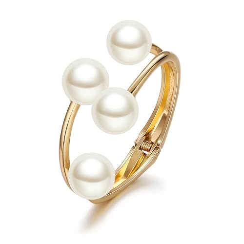 Gold Pearl Hand Cuff Bracelets for Women Chunky Large Pearls Cuffs Statement Bracelet Luxury Big Fake Faux Pearl Ball Handcuffs Jewelry Unique Pearly Gifts - color: Gold