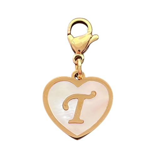 Golden Heart Titanium Steel Shell Finish Alphabet Letter Clip-On Charms A-Z Initial Pendant for Bracelet, Necklace, Keychain, DIY Jewelry Making - color: T
