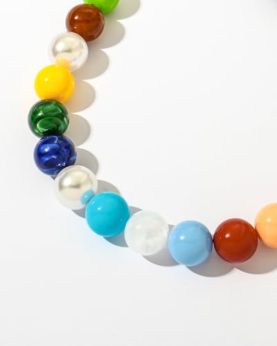 Chunky Beaded Choker Necklace for Women Boho Statement Necklace with Large Pearl Blue Brown Tone Resin Beads Summer Beach Jewelry Gifts - color: Rainbow Pastel Mix