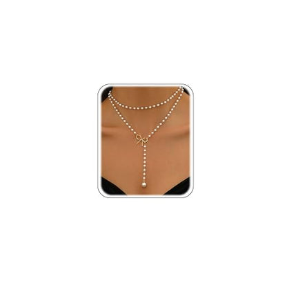 Layered Pearl Necklaces for Women 14K Gold Plated Trendy Faux Pearl Drop Y Necklace Dainty Pearl Choker Gold Layering Necklace,Jewelry Gift for Her,Mother,Wife,Girlfriend - style: Bow&Pearl Y Necklace