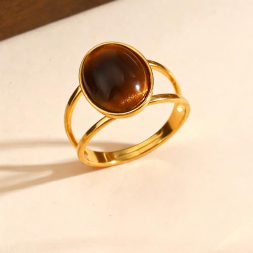 Tiger Eye Ring for Women, 18K Gold Plated Stainless Steel Signet Rings Non Tarnish Statement Jewelry Birthday Gifts