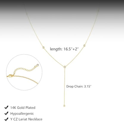 HERIER Lariat Gold Necklace for Women, Dainty Long Necklace 14k Gold Plated/Silver Y-Shaped Layered Beaded Chain Drop Necklaces for Women Trendy Simple Gold Jewelry for Women Gifts - color: Y-6CZ-Gold