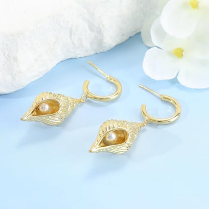 Dangle Gold Charm Earrings for Women 14K Gold Plated Bow Cherry Rose Zirconia Dragonfly Love Heart Wing Cross Pearl Conch Seashell Huggie Hoop Earring Drop Cross Trendy Party Jewelry Gifts for Women - style: Conch Shell