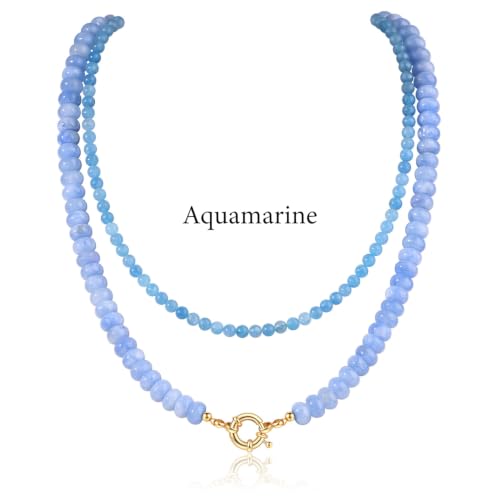 CASDAN 2Pcs Natural Gemstone Beaded Choker Necklaces for Women | Boho Colorful Beads Choker,Natural Stone Surfer Beach Necklaces,Handmade Summer Jewelry,Charm Trendy Necklaces - color: Light blue