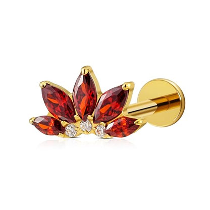 FINE4U 1PC ASTM F136 Titanium 16G Flatback Stud for Tragus, Helix, Conch 6mm 8mm - Screw on Cartilage Earring Piercing Jewelry - color: Flower CZ - Garnet - Gold
