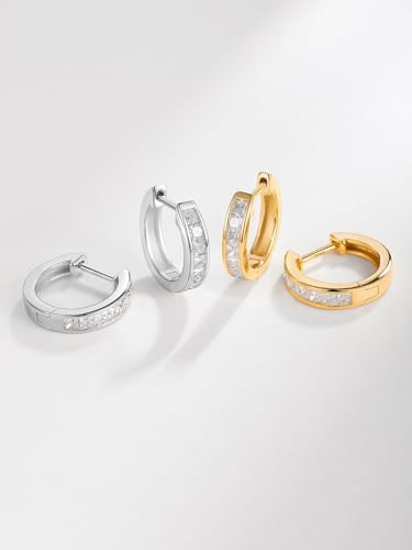 Chunky Emerald Sapphire Ruby Hoop Earrings, Princess or Round Cut, 14k Yellow Gold Plated Sterling Silver Cubic Zirconia Huggie Earings Minimalist Hoops Earrings for Women Wedding Daily Birthday - style: Princess cut -5a CZ -Silver
