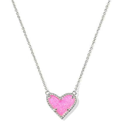 Kendra Scott Ari Heart Adjustable Length Pendant Necklace for Women, Fashion Jewelry - color: RHODIUM - HOT PINK DRUSY