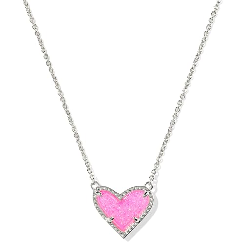 Kendra Scott Ari Heart Adjustable Length Pendant Necklace for Women, Fashion Jewelry - color: RHODIUM - HOT PINK DRUSY