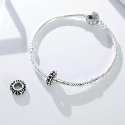 KEQ 925 Silver Spacer Stopper Bead Charms Clearance for Pandora Bracelets Birthstone CZ Always Stopper Birthday Gifts for Mom Grandmom Granddaughter Wife Sisters Friends - color: Black(2 Pcs)