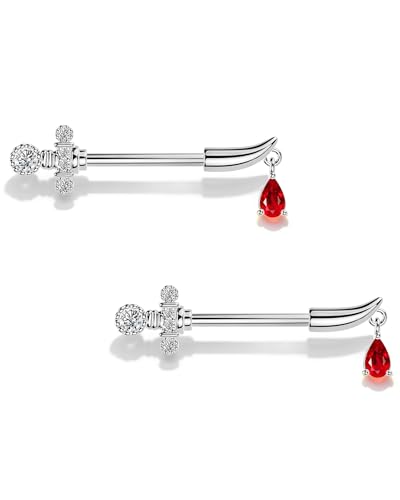 Sword Nipple Rings 316L Stainless Steel Dangle Nipple Piercing Jewelry 14G Dagger Nipple Barbells 14mm Nipple Piercing Rings - color: Silver