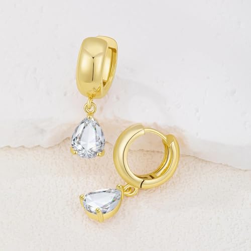 Gold Huggie Dangle Earrings for Women Chunky Hoop Huggies Cubic Zirconia Drop Earring Diamond Crystal Charm Statement Teardrop Earrings Jewelry Gifts - color: Gold-Teardrop