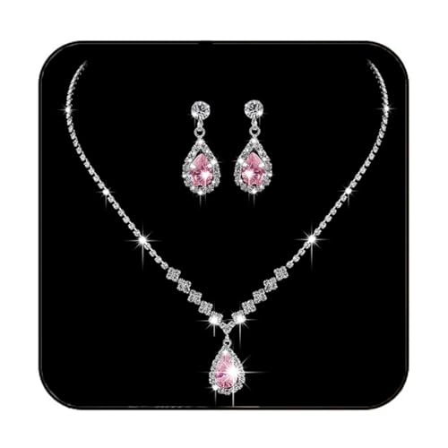 JAKAWIN Silver Rhinestone Jewelry Set Wedding Necklace Earrings for Women - color: G Pink