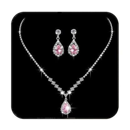 JAKAWIN Silver Rhinestone Jewelry Set Wedding Necklace Earrings for Women - color: G Pink
