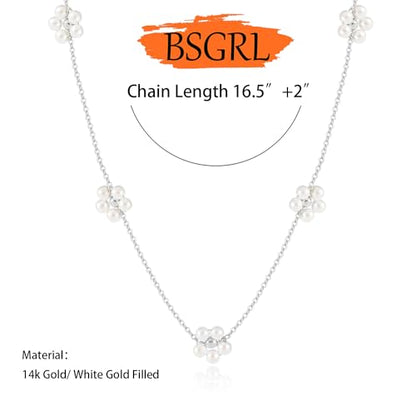 Pearl Necklace for Women- 14K Gold-plated/White Gold-plated Dainty Pearl Necklace for Women - color: Silver daisy flower