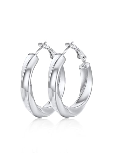 FindChic Twisted Hoop Earrings for Women, Silver/Black/14K Gold Plated Hypoallergenic Hollow Tube Rounded Loop Earrings, 30mm/40mm/60mm/80mm Hoops with Custom Name Options and Gift Box - color: b.Silver, size: 30MM