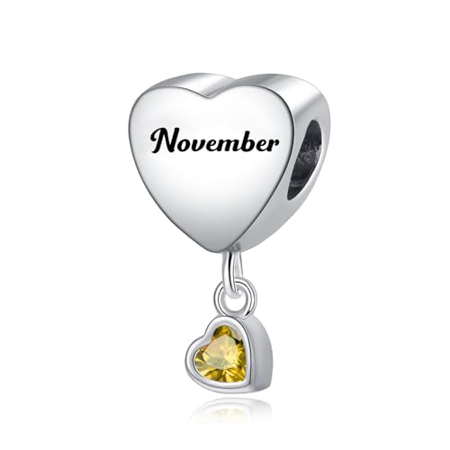 Birth Flower Heart Charm 12 Birthstone Bead for European Bracelet Necklace - style: November