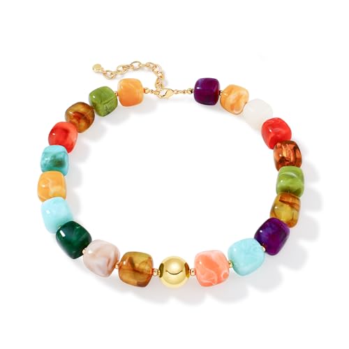 Chunky Beaded Necklace for Women Boho Statement Bead Necklace Adjustable Choker with Polished Disc/Square Beads Trendy Summer Beach Jewelry Gifts - color: Multicolor