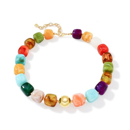 Chunky Beaded Necklace for Women Boho Statement Bead Necklace Adjustable Choker with Polished Disc/Square Beads Trendy Summer Beach Jewelry Gifts - color: Multicolor