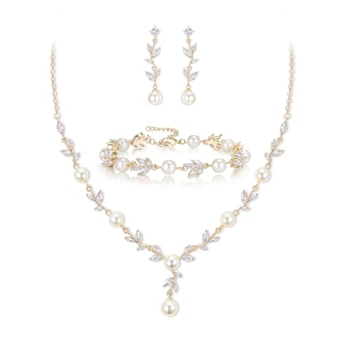EleQueen Women's Simulated Pearl Wedding Jewelry Set for Brides | Cubic Zirconia Necklace Earrings Bracelet Set for Brides Bridesmaids, Bridal Jewelry Set for Anniversary/Memorial Day - style: Elegant Necklace Set Gold-Plated-Base