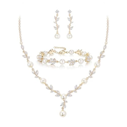 EleQueen Women's Simulated Pearl Wedding Jewelry Set for Brides | Cubic Zirconia Necklace Earrings Bracelet Set for Brides Bridesmaids, Bridal Jewelry Set for Anniversary/Memorial Day - style: Elegant Necklace Set Gold-Plated-Base