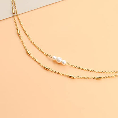Pencros Dainty Layered Anklet,14K Gold Filled Cute Beads Satellite Chain Heart Boho Adjustable Anklets for Women - color: Layer Pearls Gold
