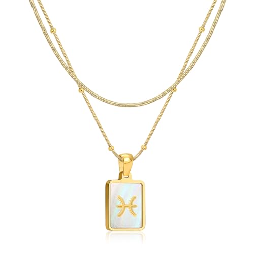 LETFLY Layered Zodiac Necklace for Women 18K Gold Natural Shell Pendant | Birthday Gifts for Women, Daily Wear, Hypoallergenic Material, Personalized Constellation Pendant, Adjustable, Snake Chain - style: Pisces