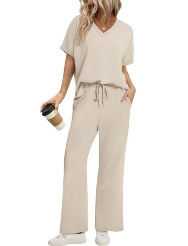 Sampeel Lounge Sets for Women V Neck Turn-UP Sleeves Tops Wide Leg Pants 2 Piece Sets Oversized Summer Vacation Outfits 2026 - color: Beige, size: XX-Large
