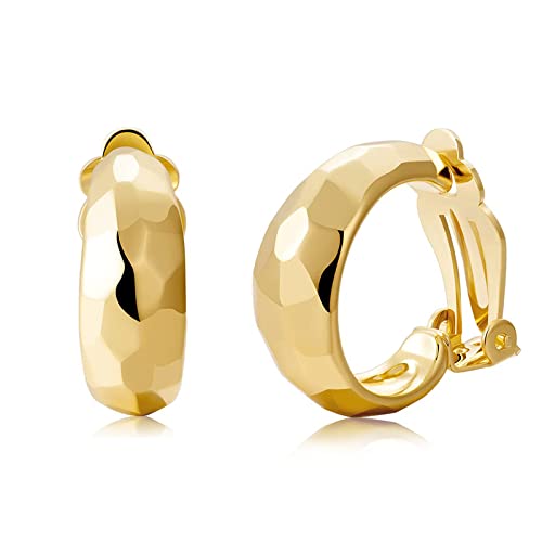 Clip on Earrings Women, 14K Gold Hoop Clip-On Earrings for Women, Hypoallergenic Non Pierced Croissant Earrings - color: Gold High Gloss Hoop