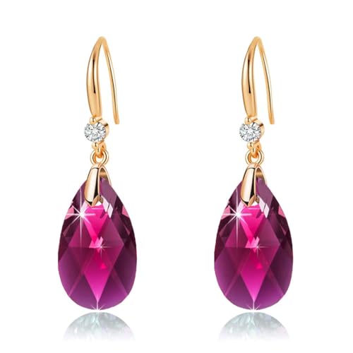 Austrian Crystal Teardrop Dangle Drop Earrings for Women 14K Gold Plated Hook Earring Hypoallergenic Jewelry Gifts for Women Girls - color: Fuchsia