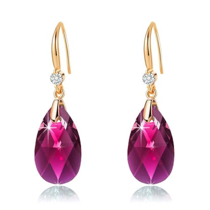 Austrian Crystal Teardrop Dangle Drop Earrings for Women 14K Gold Plated Hook Earring Hypoallergenic Jewelry Gifts for Women Girls - color: Fuchsia