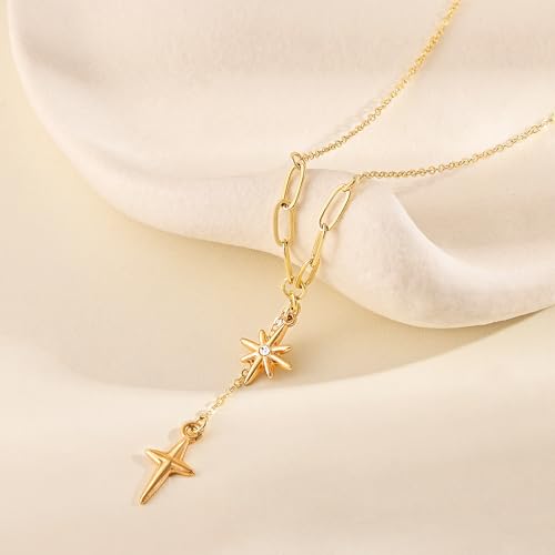 CHESKY Lariat Necklace for Women，14k Gold/Sliver Plated Layered Necklace | Gold/Sliver Long Necklace，Dainty Cross Pendant, Wedding Y-Shaped Drop Chain, Waterproof Jewelry Gift for Women Everyday Wear - style: Ystar